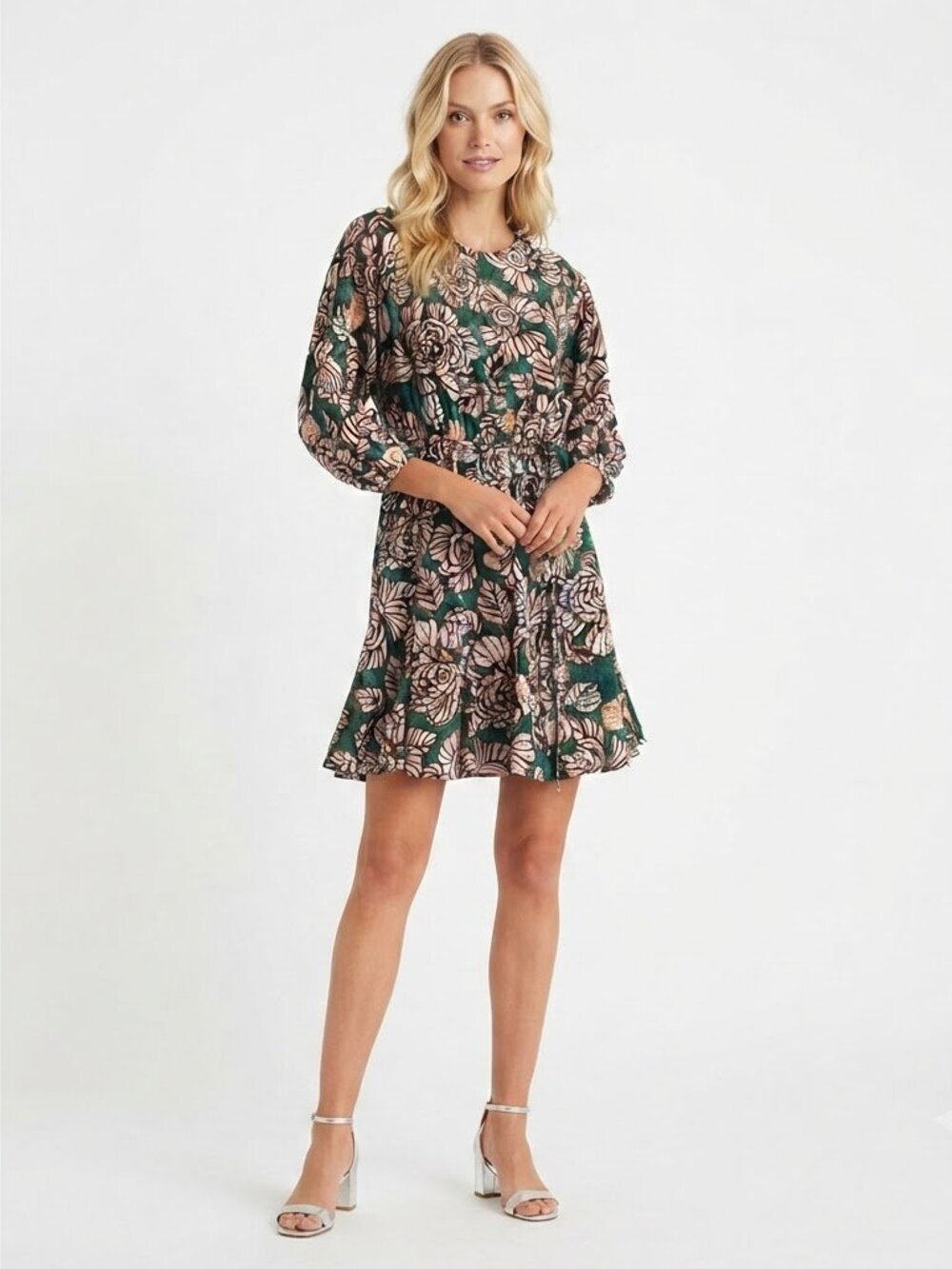 Donna Morgan Floral Crewneck Bishop Sleeve A-line Mini Dress Green Size 10 NWT
